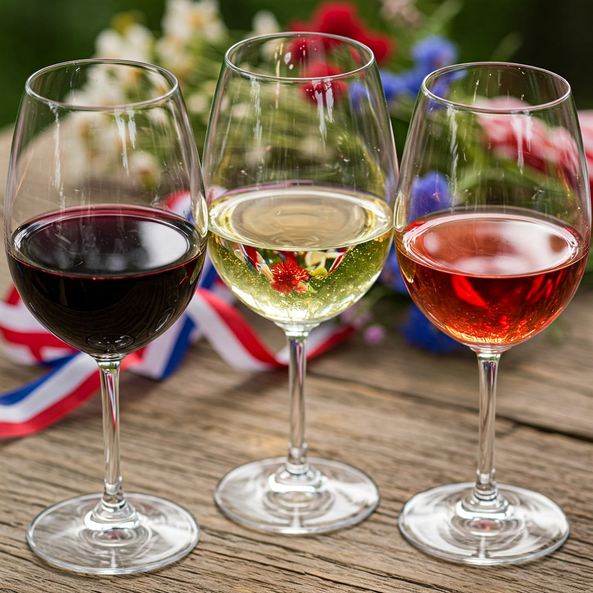 Three wine glasses with red, white, and rose wine