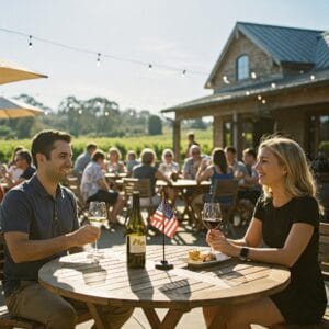A Pride flag in a vineyard setting, representing an inclusive tour
