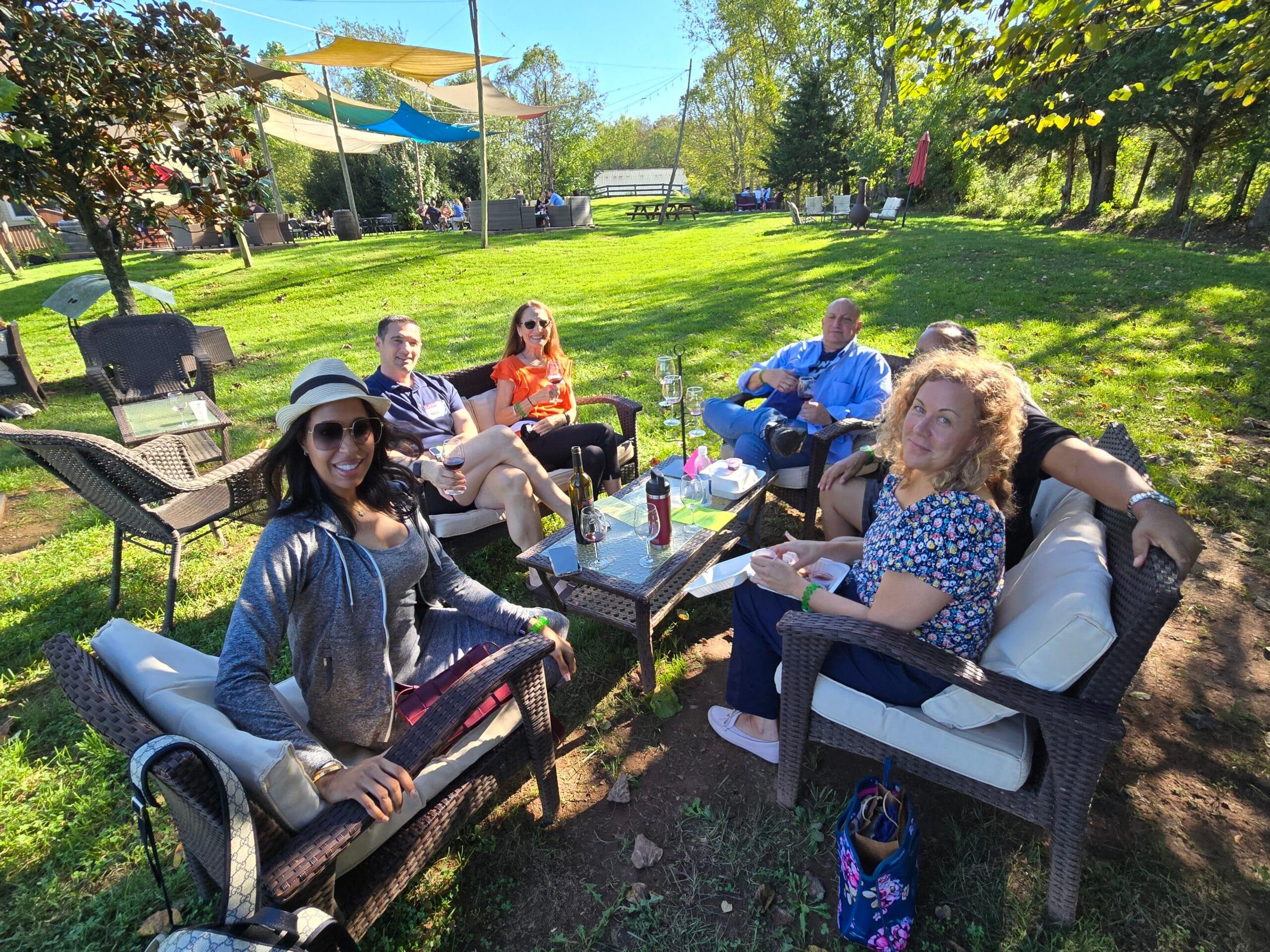 A relaxed group moment during a Vineyard Voyages wine-country day