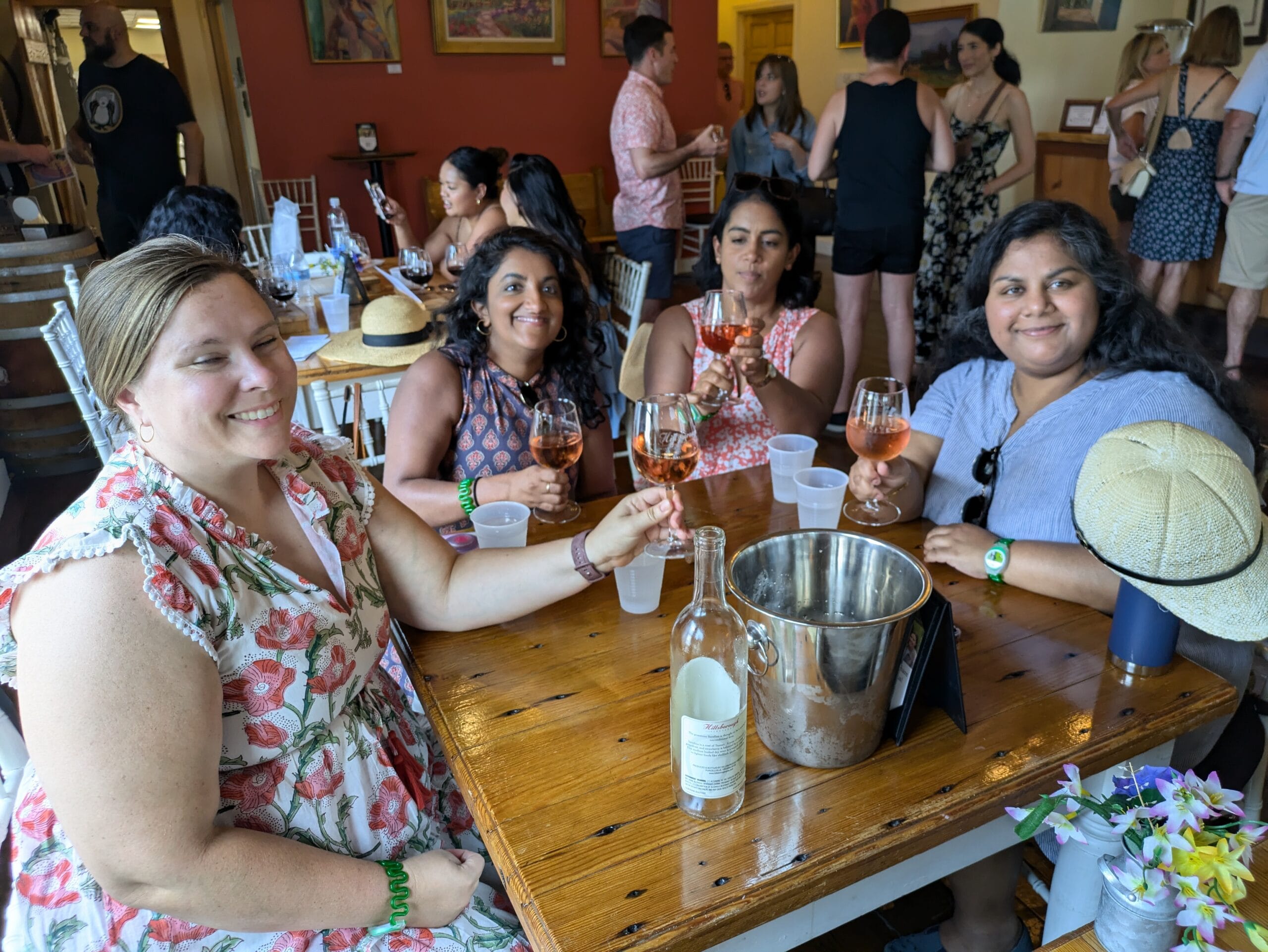 Two young women toasting with wine glasses at a vineyard