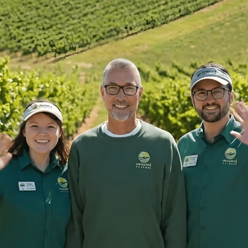 Vineyard Voyages guides Haley Landry, Dan Fuentes, and Christian Hoeffel standing together in a vineyard