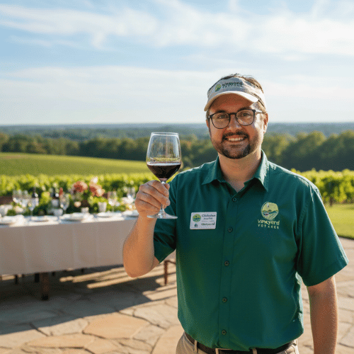 Christian Hoeffel, founder of Vineyard Voyages, holding a glass of wine at a vineyard