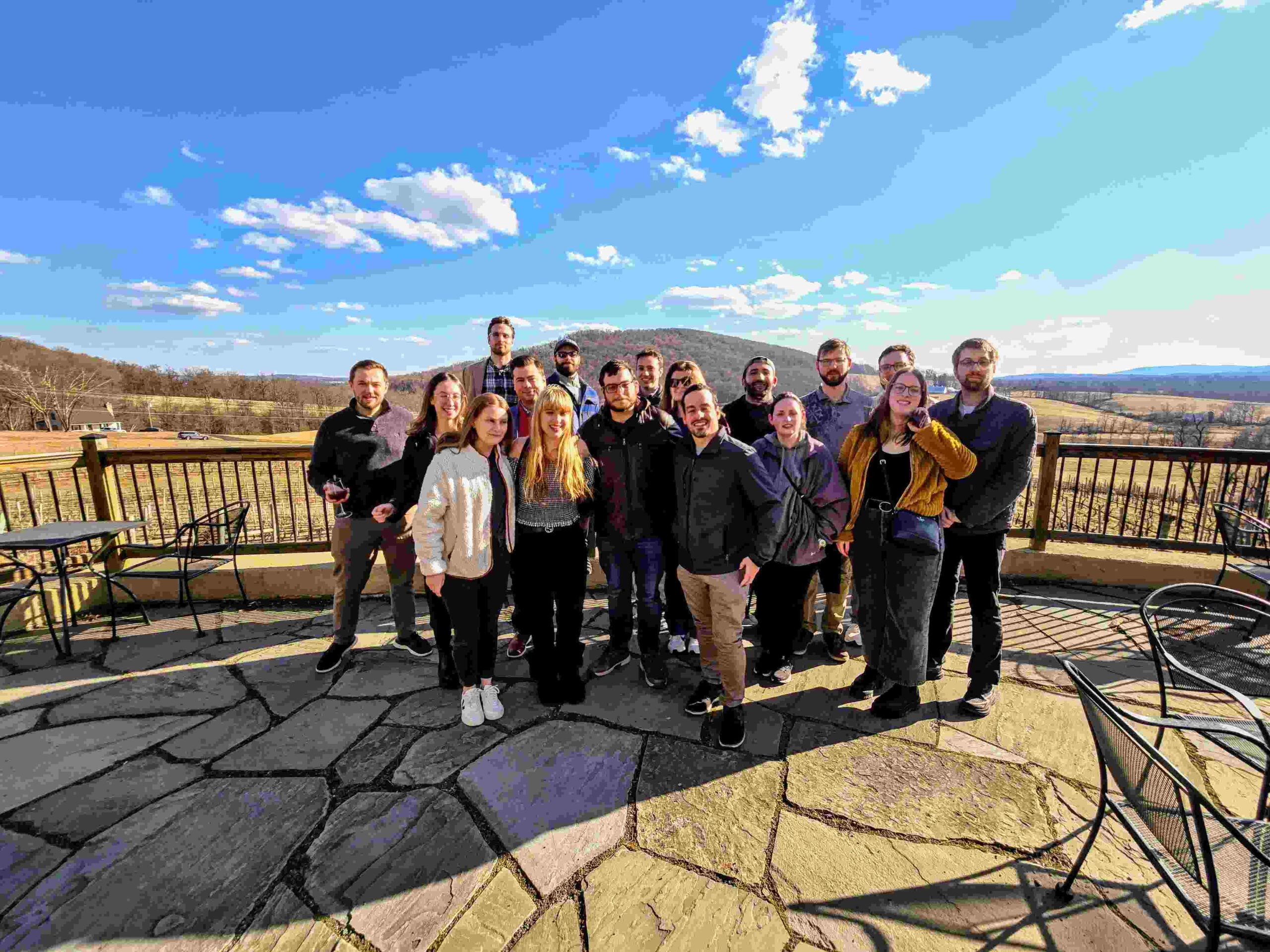 A private group enjoying a scenic winery patio in Virginia wine country