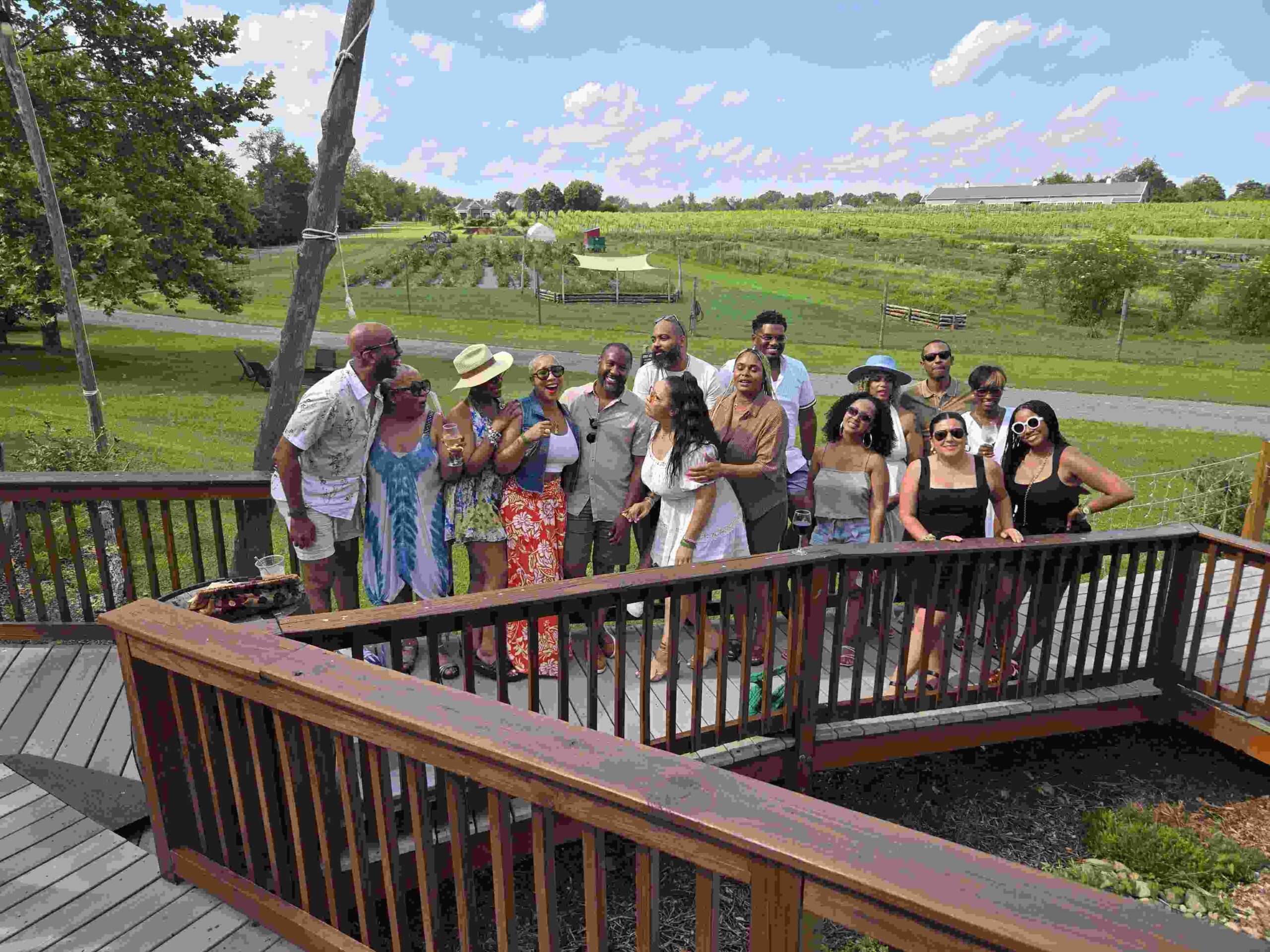 Friends gathering together on a winery deck during a private outing