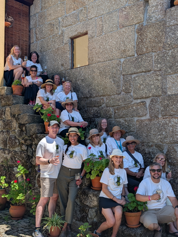 The Portugal tour group outside a stone wine estate in the Vinho Verde region