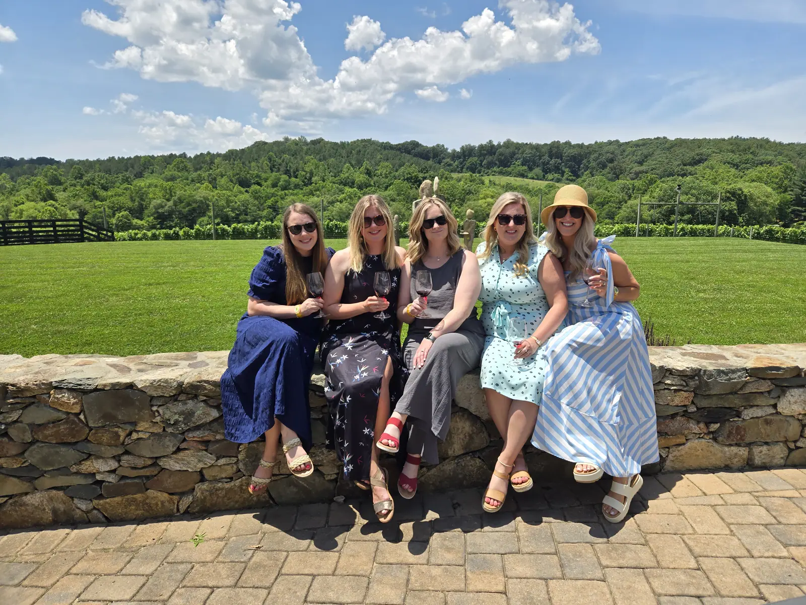 Five guests sitting together on a stone wall with a glass of wine, rolling Loudoun County hills behind them
