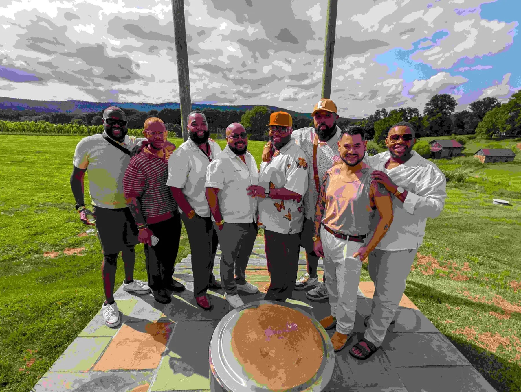 A group of friends celebrating a bachelor party in Virginia wine country