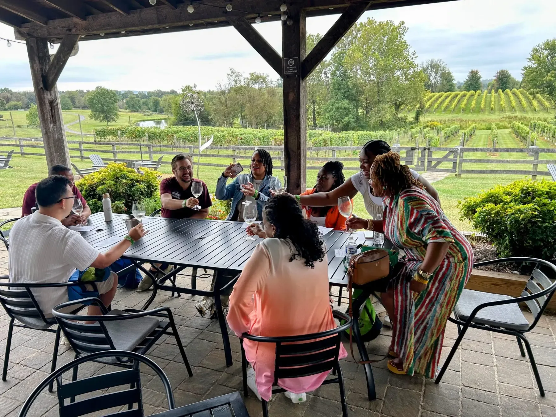 Vineyard Voyages guests raising their glasses together at a Virginia vineyard