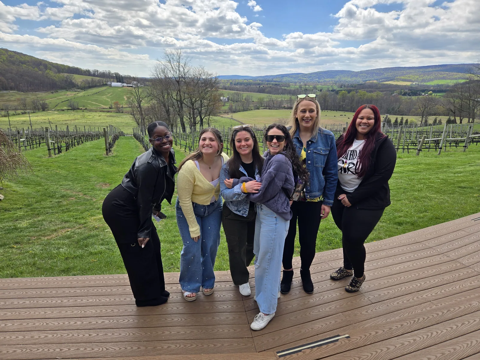 Tour group toasting on a winery deck with the Blue Ridge mountains behind them