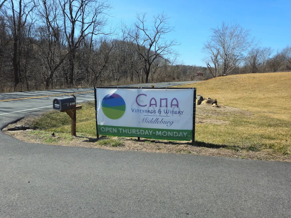 The roadside sign for Cana Vineyards and Winery of Middleburg
